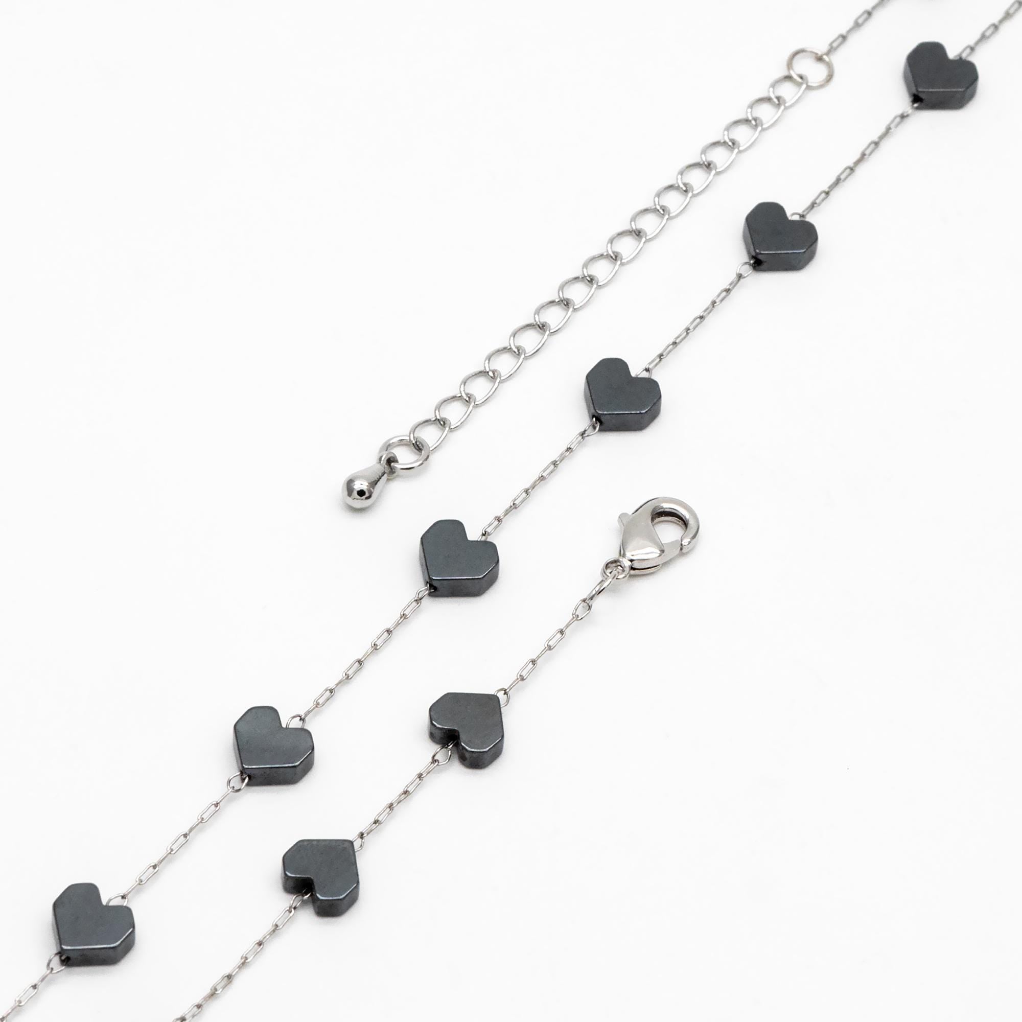 Stainless Steel 6mm Heart Hematite Beads Chain, Finished Bracelet/ Anklet/ Necklace with Extender Chain, Ready to Wear (#LK-380-3)